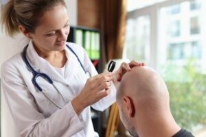 Dermatologist examining man's bald head using magnifying glass